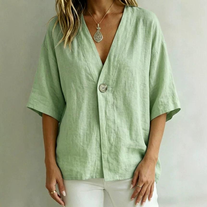 Women’s casual, loose-fit V-neck T-shirt for spring and summer – plain-coloured button-up top in linen