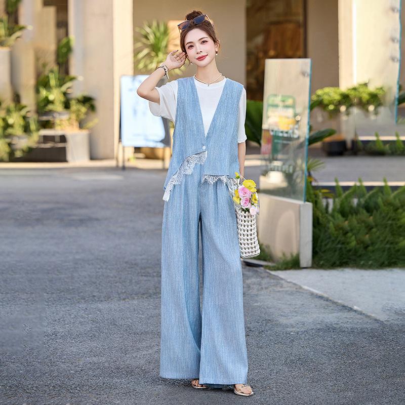 

Летний новый модный дизайн, чувство Музы, темперамент, кружевная вставка, двусторонний жилет, брюки клеш, женский костюм-тройка XXL небесно-голубой