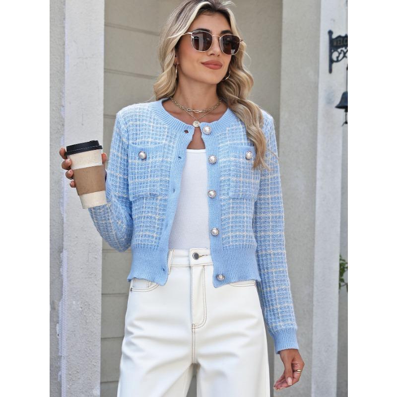 2025 European American Plaid Knitted Cardigan for Women's Temperament Jacket Pearl Button Fashion Sweater