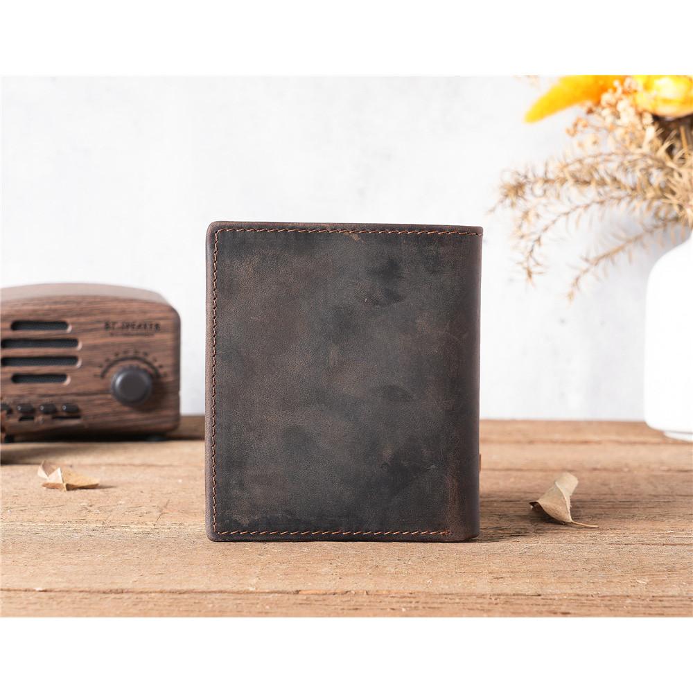 2025 Unisex Vintage Crazy Horse Full-Grain Wallet vertical Bifold Leather Card Holder Retro Brown for Students Daily/Travel Use