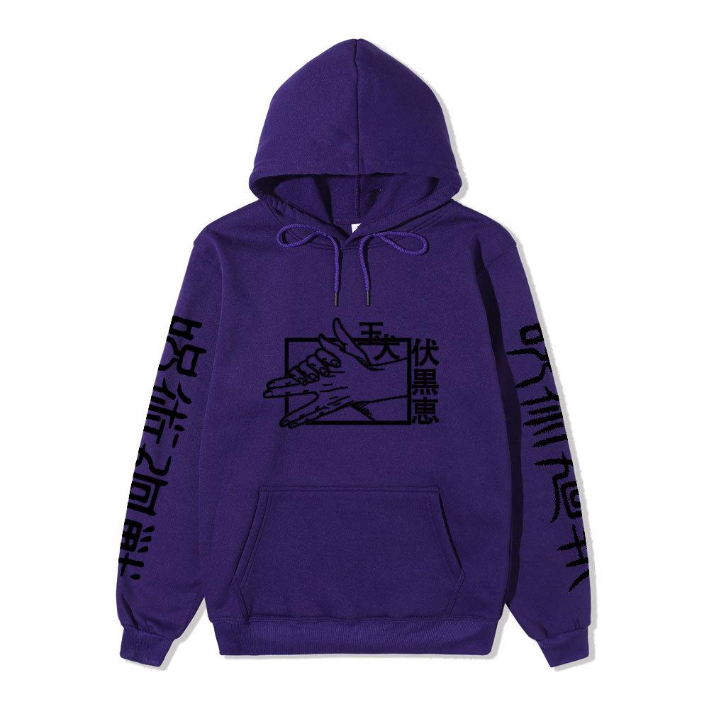 Jujutsu Kaisen Men Women Fleece Hoodie Jujutsu Kaisen Front Back Graphic Kanji Print Autumn Winter Anime Streetwear Hooded Sweatshirt