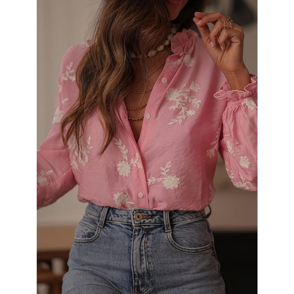 Fall Winter Women's Long Sleeve Printed Blouse, Turn-down Collar Lantern Sleeve Shirt, European American Style Outerwear Crossborder Top