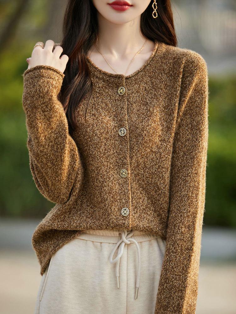 Women's Korean Style Round Neck Cashmere Cardigan - 100% Pure Wool, Casual Versatile Flower Yarn Knit Sweater