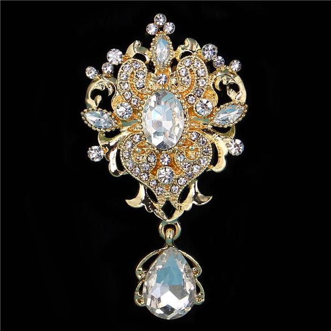 DIEZI Luxury Gold Silver Color Crystal Flower Bridal Brooches for Wedding Women Party Rhinestone Bouquet Water Drop Brooch Pins