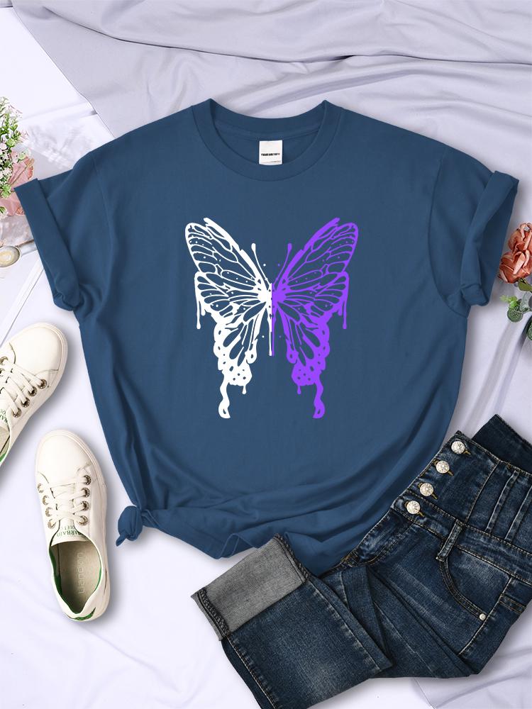 White And Purple Butterflies Personality Funny Print T-Shirt Women Summer Breathable Short Sleeve Soft Comfortable T Shirt Tees