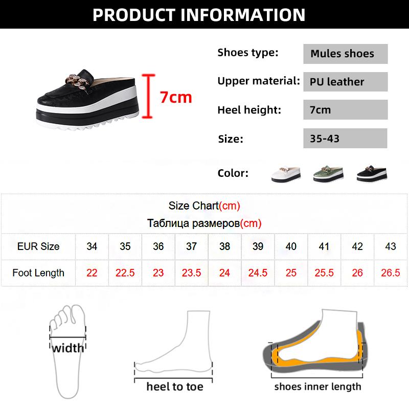 fashion Metal Chain Decor Chunky Platform Mules for Women 2024 Summer Thick Sole Wedge Slippers Woman Closed Toe Slip On Casual Slides