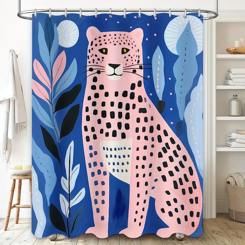 Animal Print Shower Curtain: Pink Leopard With Blue Background Perfect For Bathroom Decor!
