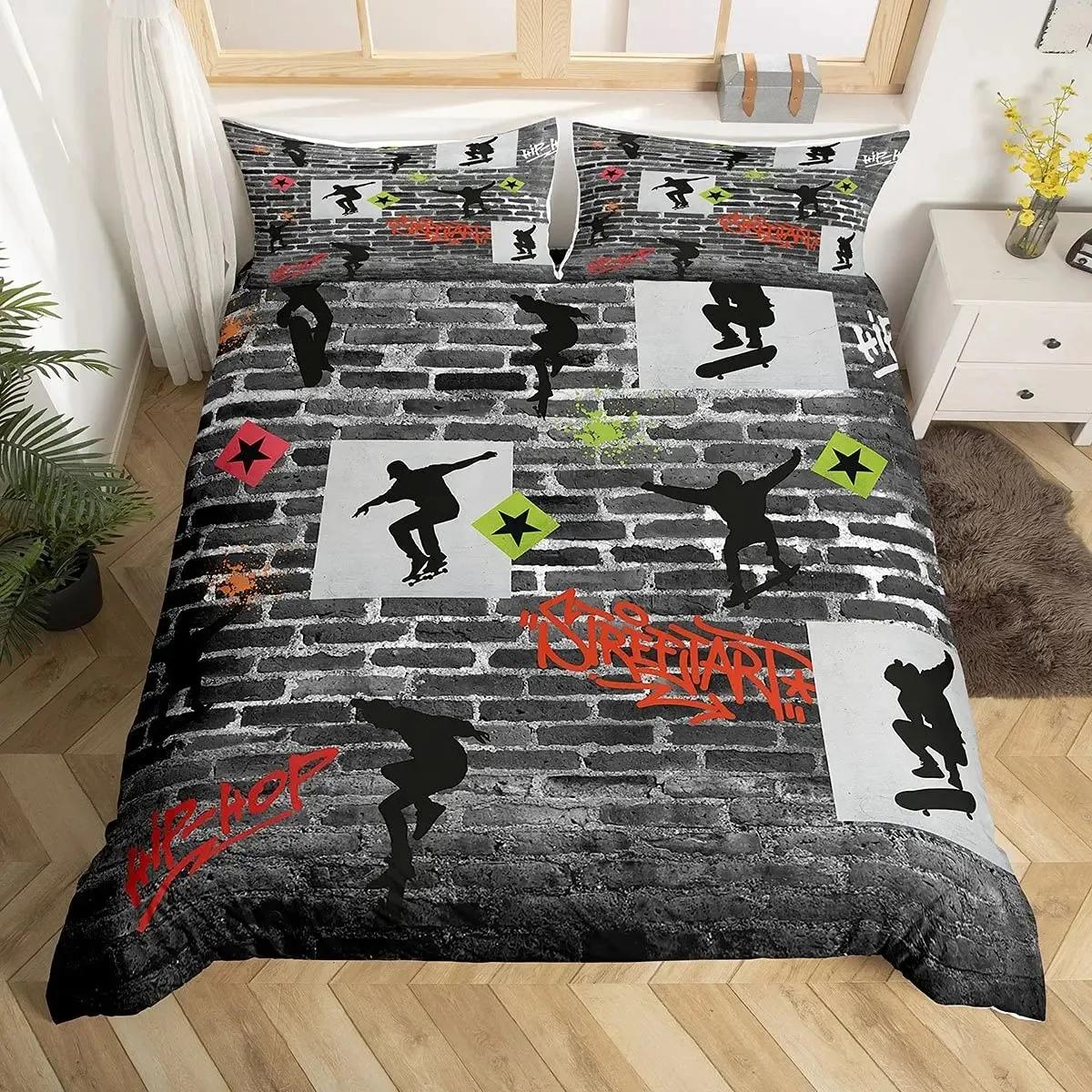 Skateboard Duvet Cover Set Full Size for Boys Teens Extreme Sports Bedding Set Youth Comforter Cover Graffiti Style Duvet Cover 70x133cm