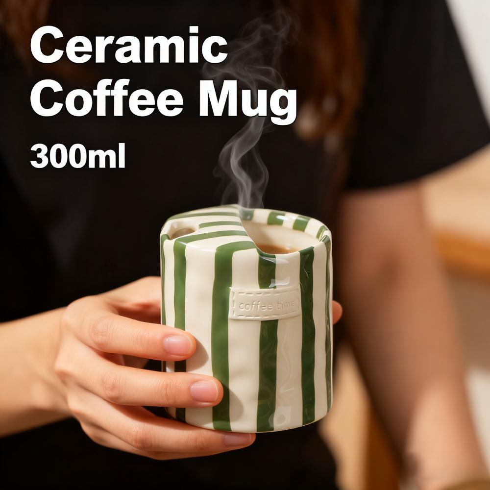 Hand-Painted Stripes Ceramic Coffee Mug 300ml Retro Tea Cup Christmas Gift Heat-Resistant Juice Milk Drinkware Breakfast Cup