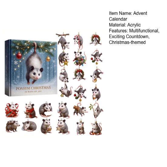 Possum Christmas Advent Calendar 24 Days of Joy Acrylic Ornament for Tree Decor Festive Countdown Box for Kids & Animal Lovers