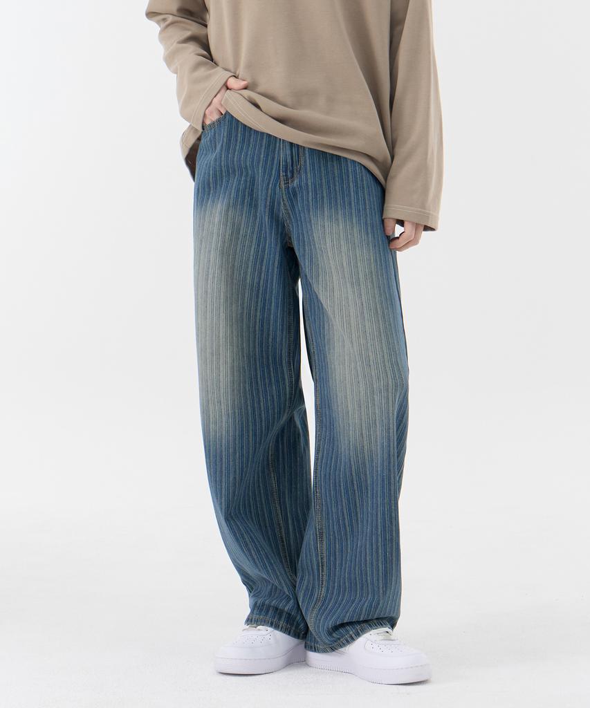 Akeusi Loose Textured Stripe Balloon Fit Wide Denim Pants Unisex (Medium Blue)