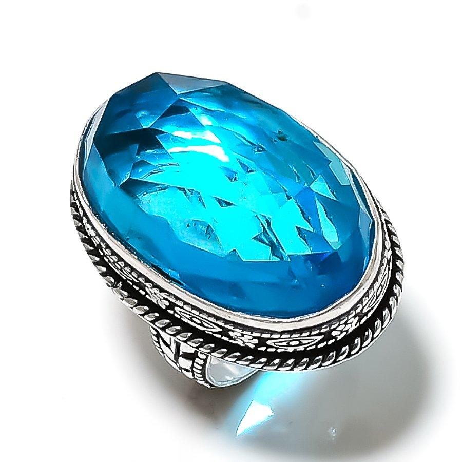 Blue Topaz Gemstone Handmade 925 Sterling Silver Jewelry Ring Size 8 G6u25