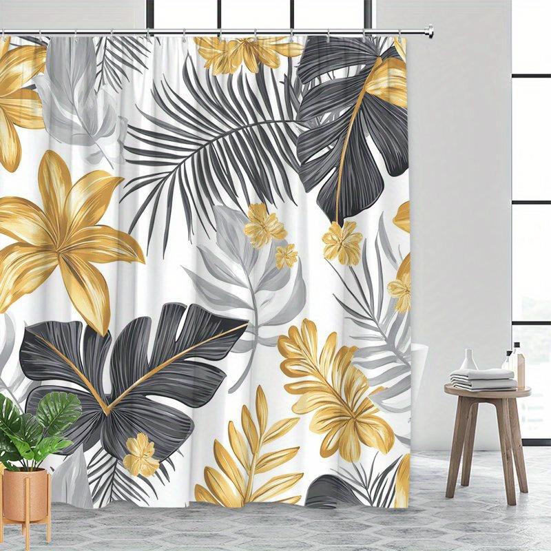 1Pc Shower Curtain With Large Monstera And Yellow Flowers - Polyester Fabric, Machine Washable, Suitable For Bathroom Decoration