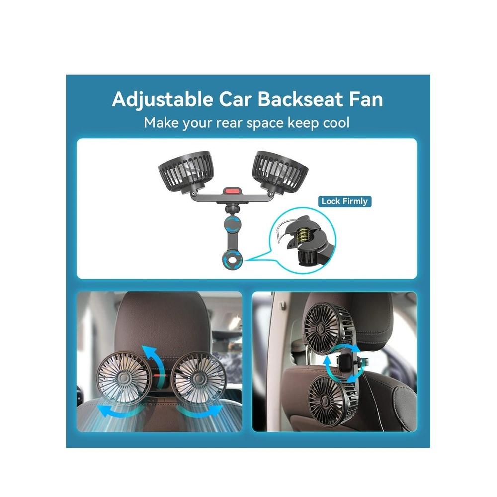 Car Fan for Backseat USB Powered Dual Head Car Seat Headrest Fan for Car 3 Speeds & 360° Rotatable Car Window Fan Powerful Air Circulation Fan with A