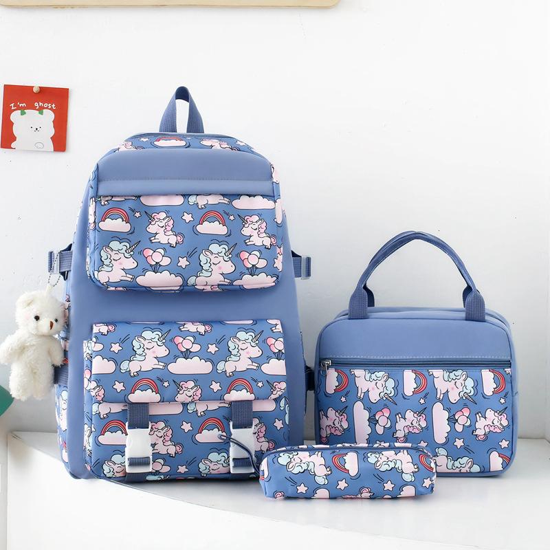 School bag new lightweight nylon backpack female cute cartoon three-piece set primary school students large-capacity school bag, fashionable