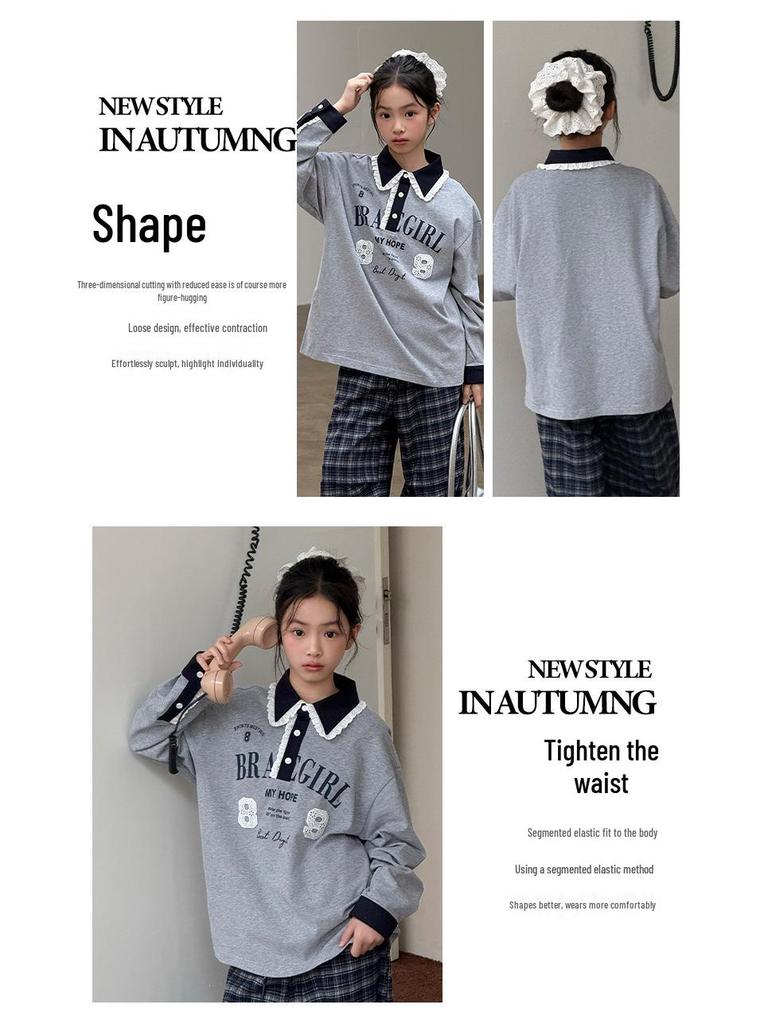 Girls' Heather Grey Long Sleeve Polo Shirt with Lace Collar - Autumn 2025 Collection