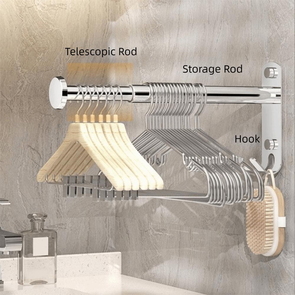 2Pcs Stainless Steel Clothes Drying Hanger Wall-mounted Scalable Storage Racks Bathroom