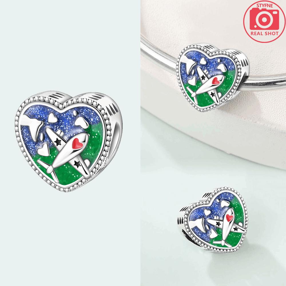 

Charm s925 Silver Blue-green Heart Travel Airplane Beads Fit Bracelet Jewelry Making Women Gift Diy Accessory