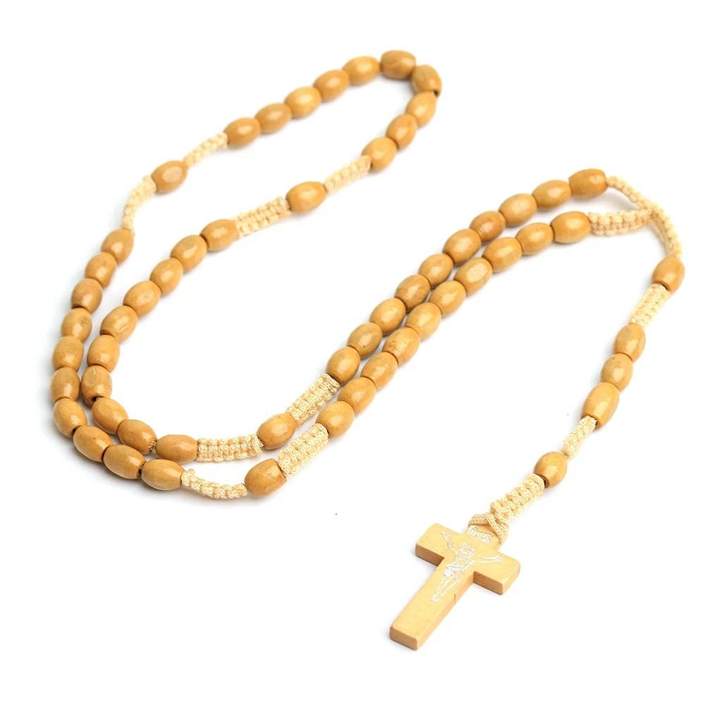 Nuevo Colgante de Coche con Cruz de Cuentas de Madera Para Mujeres Hombres Católico Cristiano Religioso Jesús Rosario Joyería Regalo