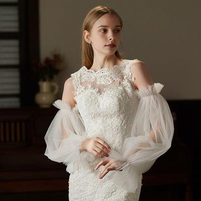 1 par de mangas de malla para novia, guantes finos transparentes, mangas largas plisadas con volantes, accesorios para vestidos de novia para bodas y eventos