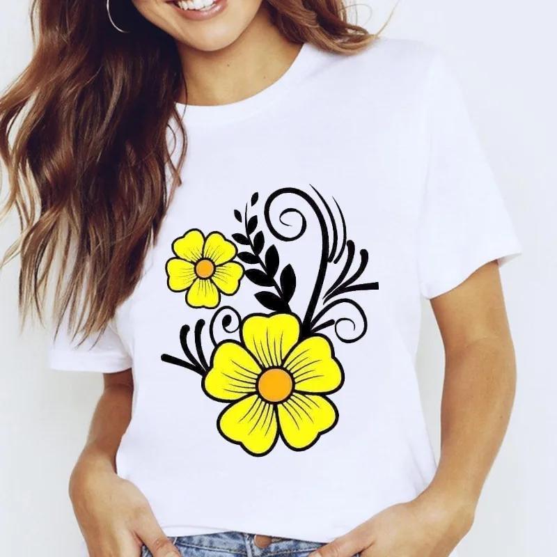 Women's Fruit-Flower Print Crew-Neck Tee Spring/Summer Aesthetic Polyester Fiber Cute Base Shirt Trendy Top