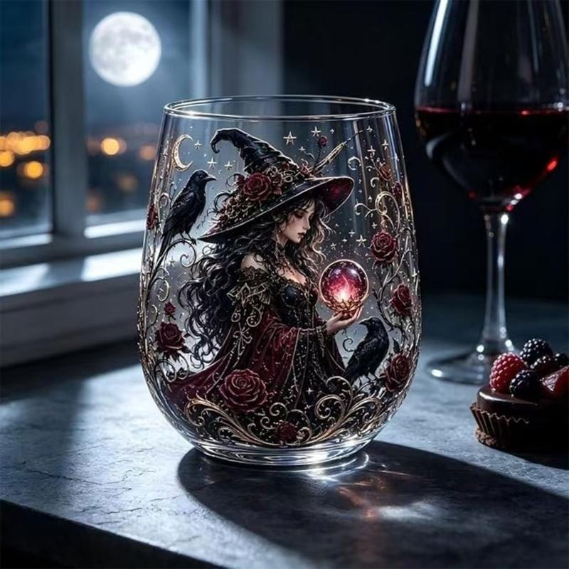 Decorative Witch Glass Cup with a Clear Stemless Form for Herbal Tea, Fruit Tea, Candy, and Seasonal Table Service