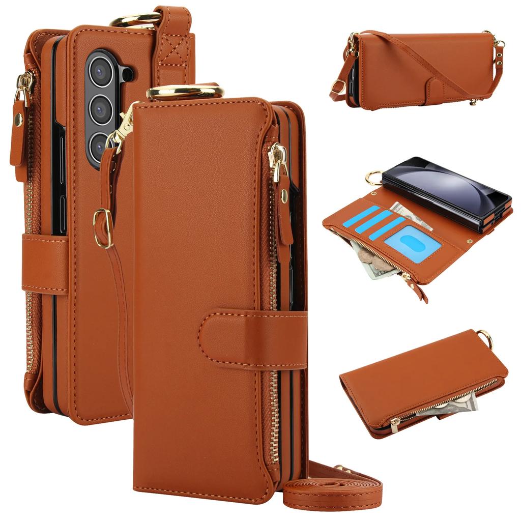 Crossbody Leather Phone Case with Card Holder Zipper Wallet Wristband for Samsung Galaxy Z Fold 7 6 5 4 3 Kickstand Cover