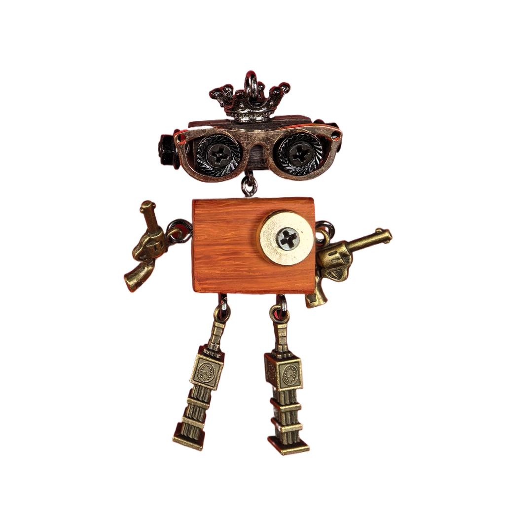 Handmade Punk Robot Pendant Wood Body Metal Eyes Legs Gun In Hand Necklace Keychain Pendant