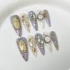 10 Pcs Black Gradient Long Stiletto Press On Nails 3D Metallic Butterfly Floral Design Detachable False Nails