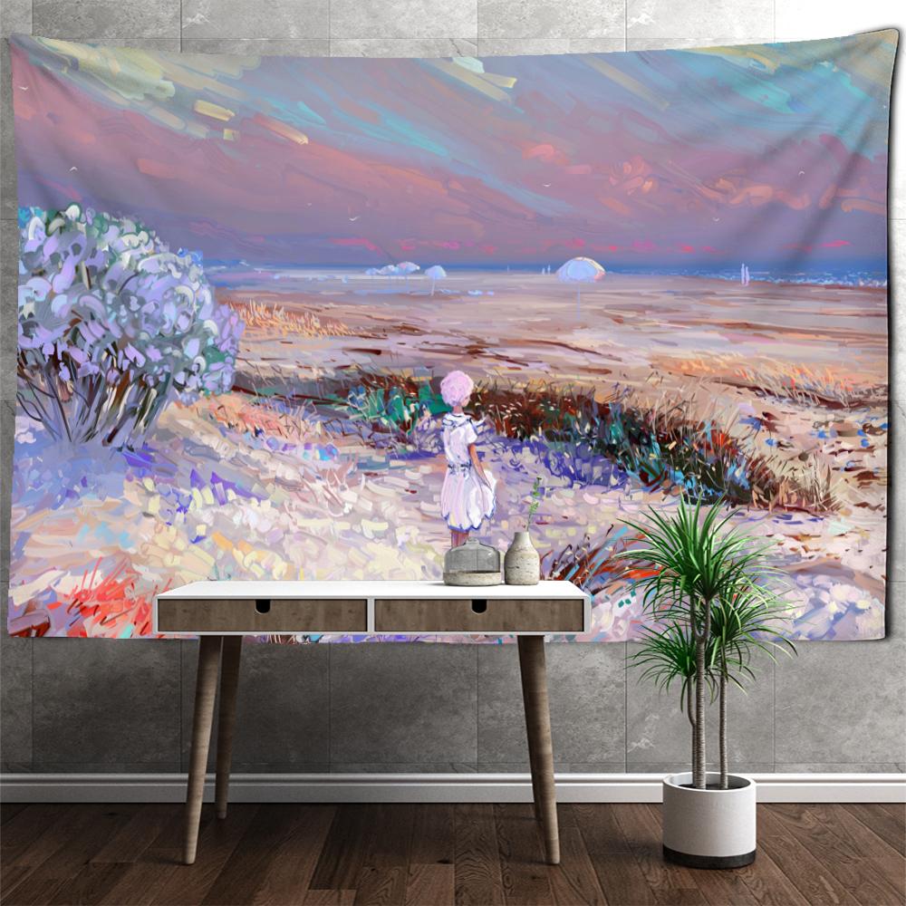 Ilustracja postaci dziewczyny gobelin ścienny wiszący boho hipis tapiz sztuka kawaii estetyczny pokój tło wystrój