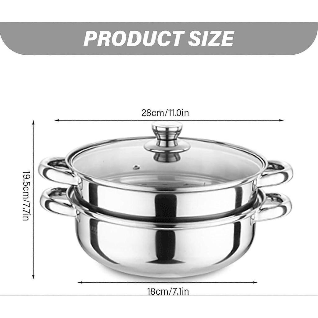 11 Inch Stainless Steel 2 Tier Steamer Pot with Glass Lid and Dual Handles for Vegetables and Dumplings