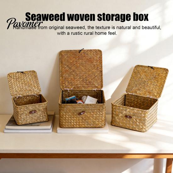 Organizzatori Intrecciati per Oggetti Vari Scatola Portaoggetti in Erba Marina Intrecciata con Coperchio Ribaltabile, Cesti Rustici Antipolvere con Coperchio Contenitore Salvaspazio Scaffali