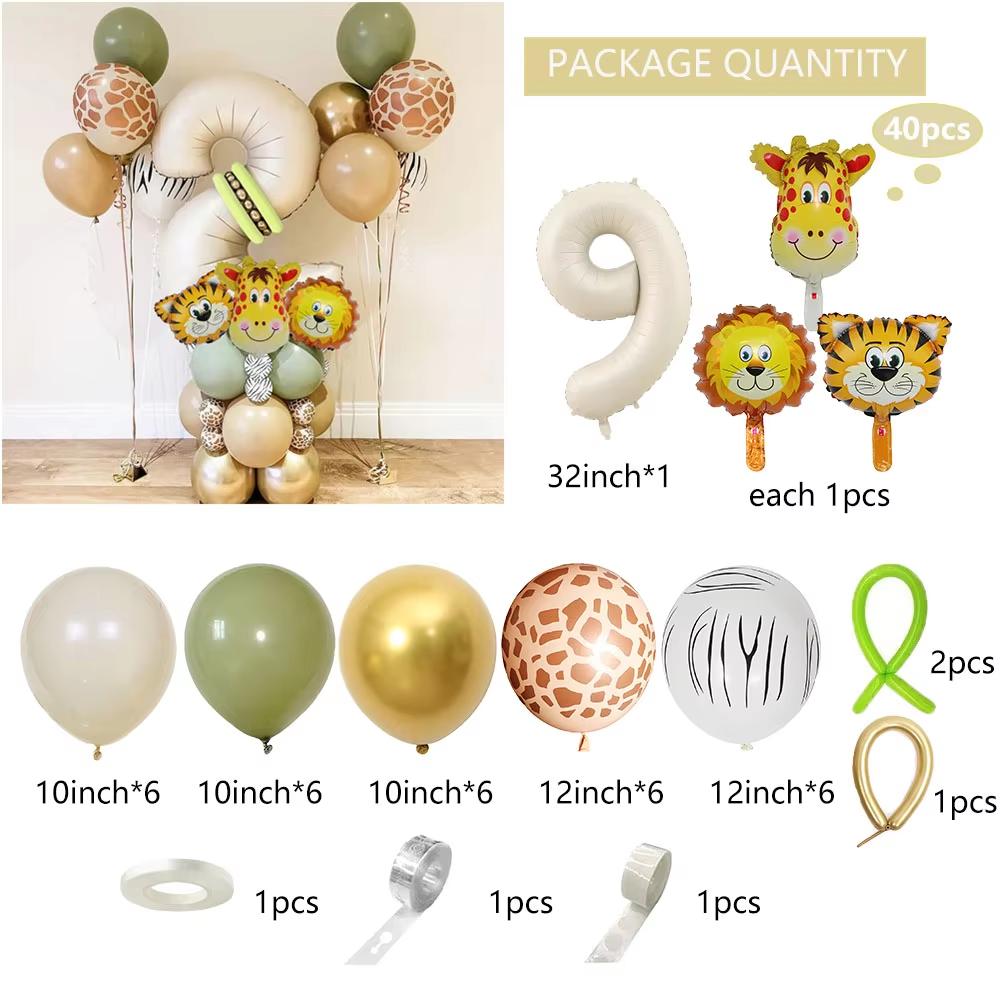 40 pieces new jungle retro animal balloons for kids birthday number 12345 party decoration set with digital columns Tiger Lion