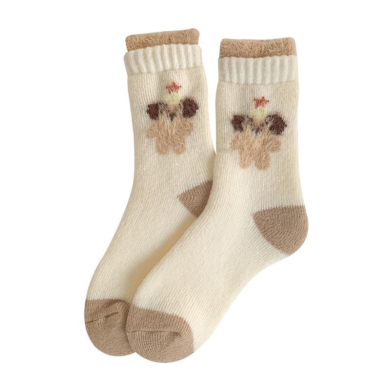 Super Thick Wool Socks, Double Flared Women's Autumn and Winter Thickened Mid-calf Socks, Warm Long Socks, Cartoon Long Calf