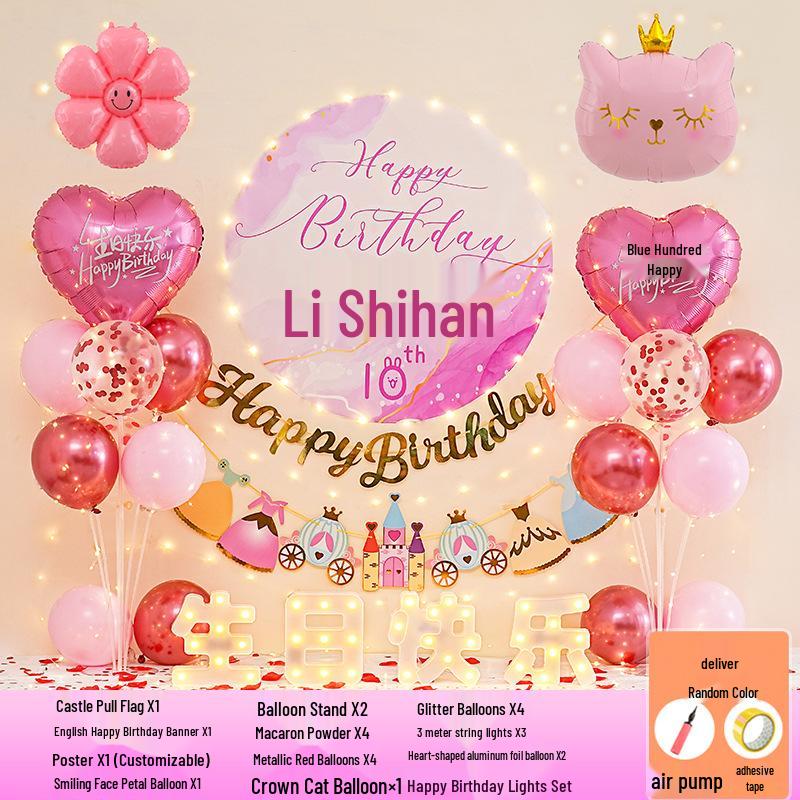 Happy Birthday Balloons for 7-8-Year-Old Girls - Home Party Decoration and Background Wall Decor
