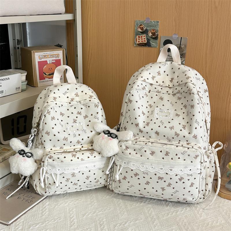 College Style Bow Print Schoolbag Women's Corduroy Backpack Large Capacity Student Backpack