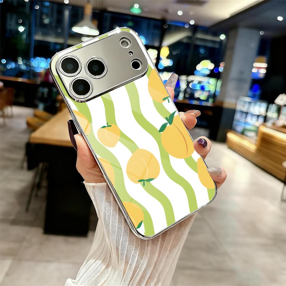 Ins Fruit Fashion Phone Case For iPhone 17 16 15 14 13 12 Pro Max Plus Electroplated Metal Shockproof Bumper Case Glass Back