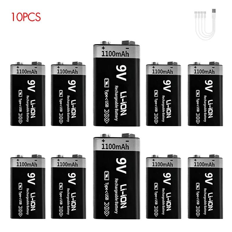 9V Battery Rechargeable 1100mAh USB Type-C 6F22 9V Li-ion Battery for Multimeter, RC Toys, Guitar Pedal, Microphone
