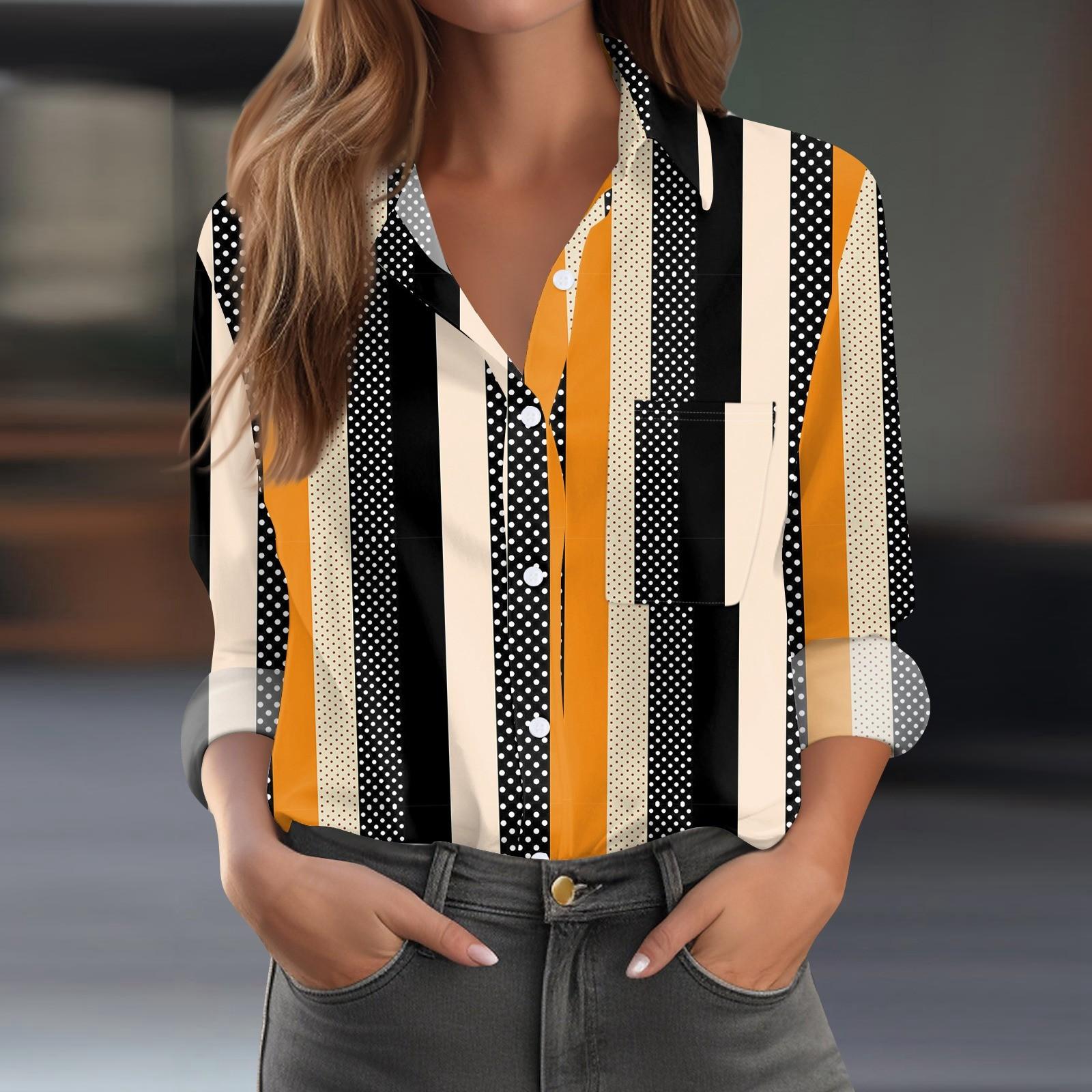 

Женская рубашка блузка с принтом на пуговицах с длинным рукавом повседневная базовая с воротником обычный топ с карманами XL жёлтый