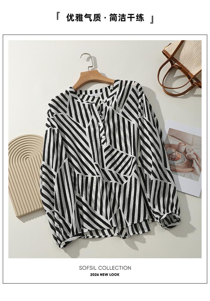 100% mulberry silk striped printed shirt for women's 2026 spring commuting versatile round neck long sleeved silk top