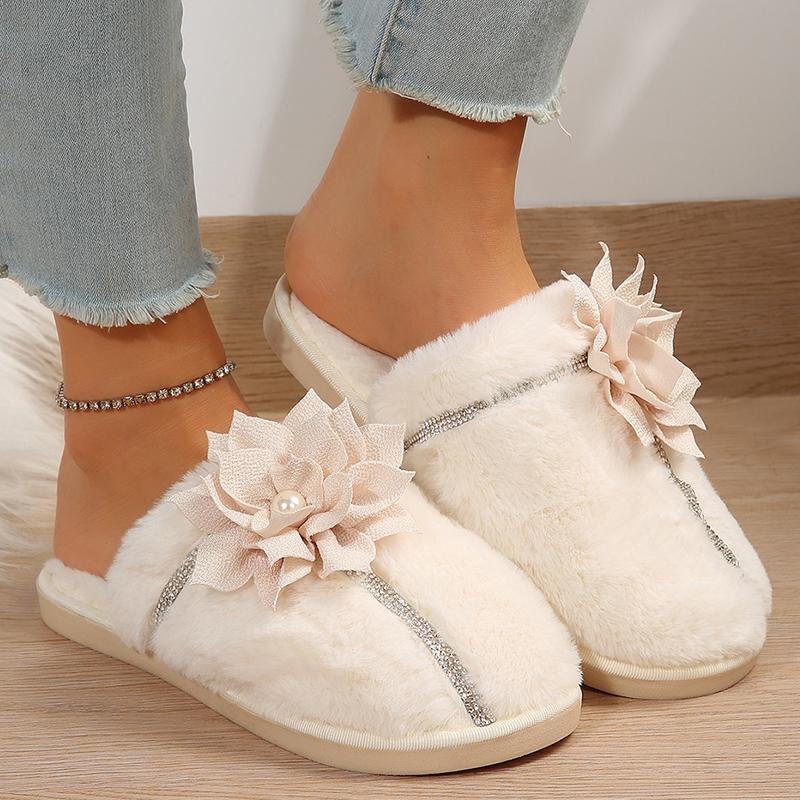 fashion Fashion Flower Decor Furry Slippers Women Crystal Warm Fur Home Cotton Shoes Woman 2024 Winter Comfort Soft Sole Plush Slides