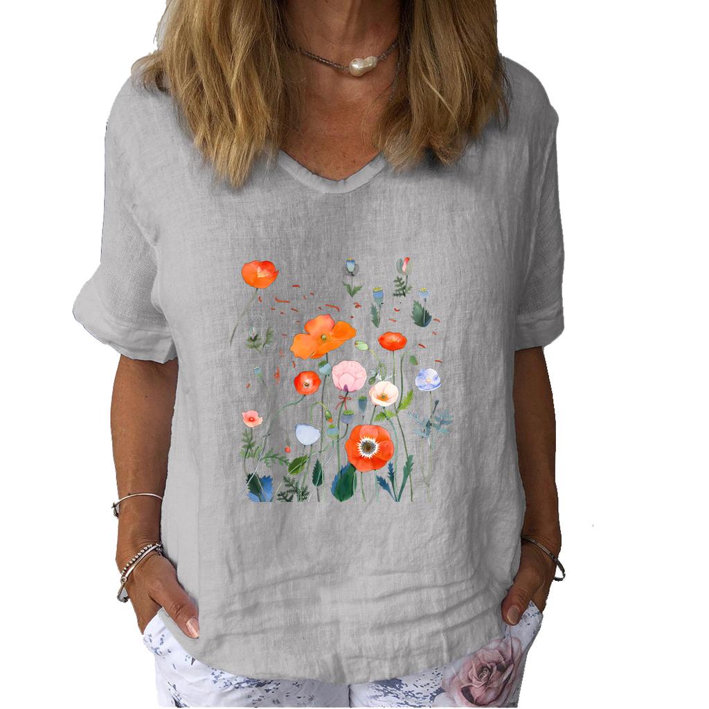 Women Fashion Linen Blouse Summer Casual Short Sleeve T-shirt Ladies Floral Print Pullover Loose Top