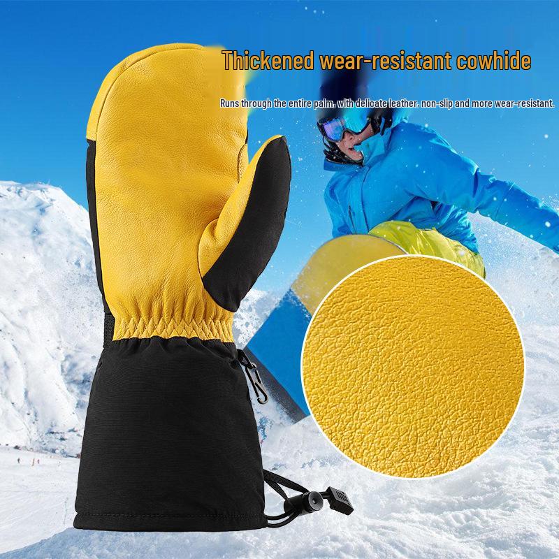 Insulated Cotton Cowhide Ski Gloves: Non-slip, Touchscreen, Long Winter Five-Finger Warmth