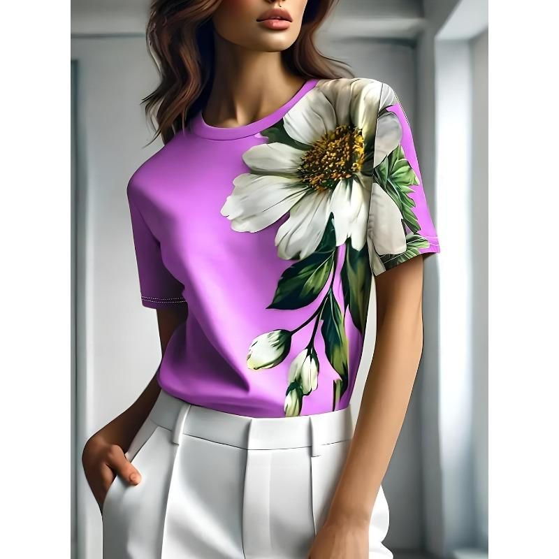 3DPrinted Short Sleeve Floral Small White Flower Printed Women's Round Neck T-shirt Summer Loose Women's Casual Short Sleeve Top