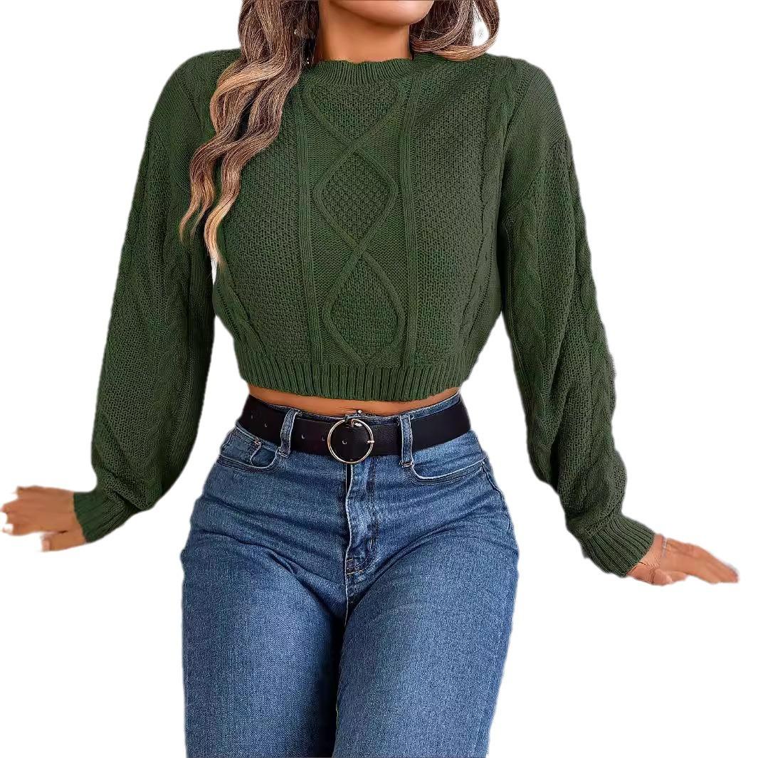 

Женский вязаный укороченный свитер с круглым вырезом и длинными рукавами, пуловер, джемпер, свитшот S армия зеленый
