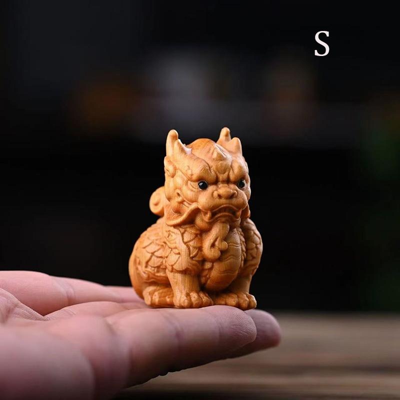 

Woodcarving Endorsed by Qilin mascot sculptures figurines Solid wood carving Cute Home Room Office Wealth Luck Feng Shui Decor