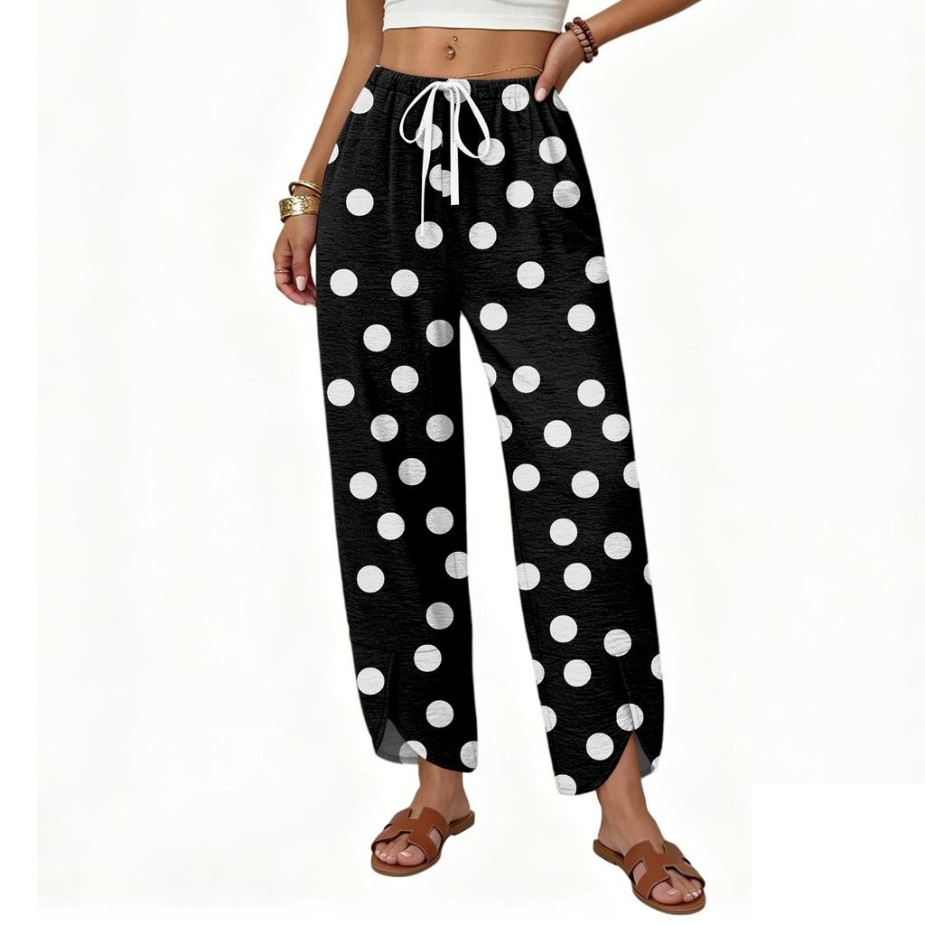 Damen Lässige Weite Hosen Lockerer Sitz Gerader Schnitt Knopfdetail Bedrucktes Muster Kordelzug Taille Lange Hosen