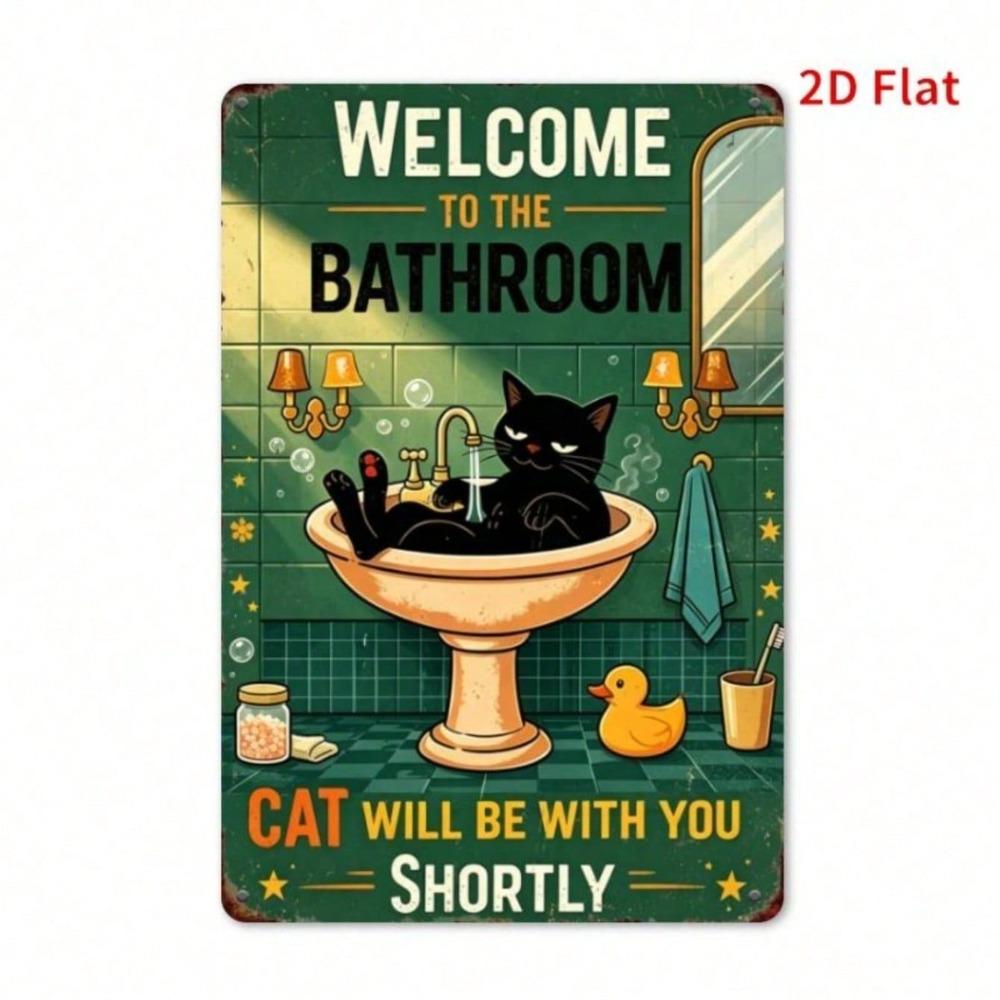 Vintage Black Cat Tin Sign, Funny Bathroom Decor, Restroom Plaque, Retro Rustic Bathtub Art