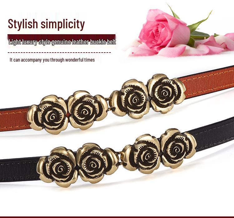 Women's Genuine Leather Flower Buckle Belt, Versatile High-End Waistband, Thin Cowhide Dress Accessory
