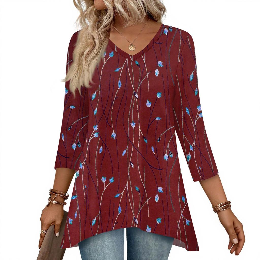 Dámské topy s výstřihem do V a 3/4 rukávem, ležérní košile střední délky, módní tuniky s potiskem